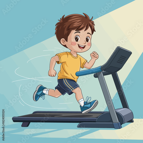 A lively kid runs on a treadmill under a spotlight, emphasizing the joy of fitness and the importance of staying active for children in a positive workout atmosphere.