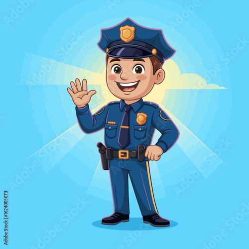 A smiling cartoon police officer waves hello, highlighted by a bright sunlit background, portraying a sense of warmth and community spirit in a friendly manner.