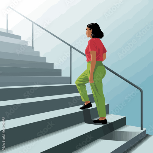 An energetic woman steps upward on a staircase, dressed in a vibrant pink and green outfit, symbolizing ambition and the journey toward success in a stylish environment.