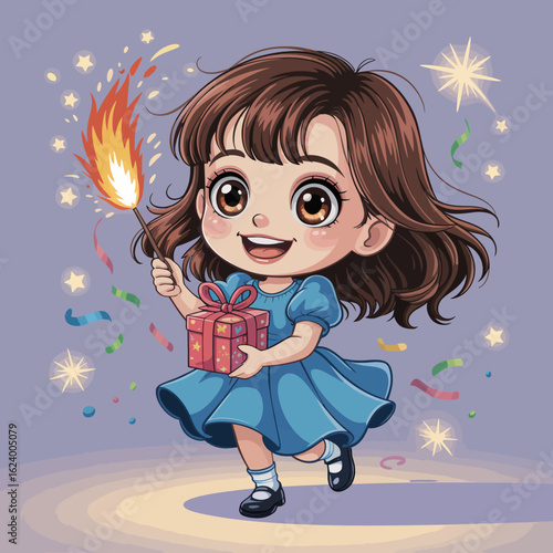 An animated girl joyfully runs holding a sparkler and a gift, set against a colorful background, depicting the exuberance of childhood celebrations and festive cheer.