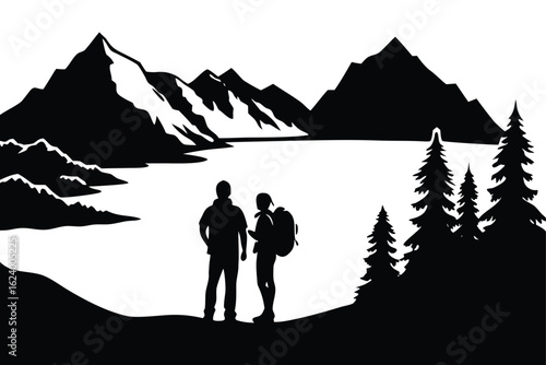 adventurous hikers looking at a mountain lake from.eps