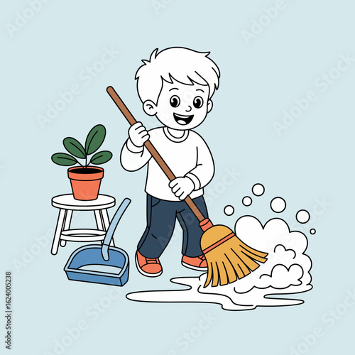 A child is depicted joyously sweeping the floor with bubbles around him, alongside a small plant, illustrating the happiness that comes from helping at home.