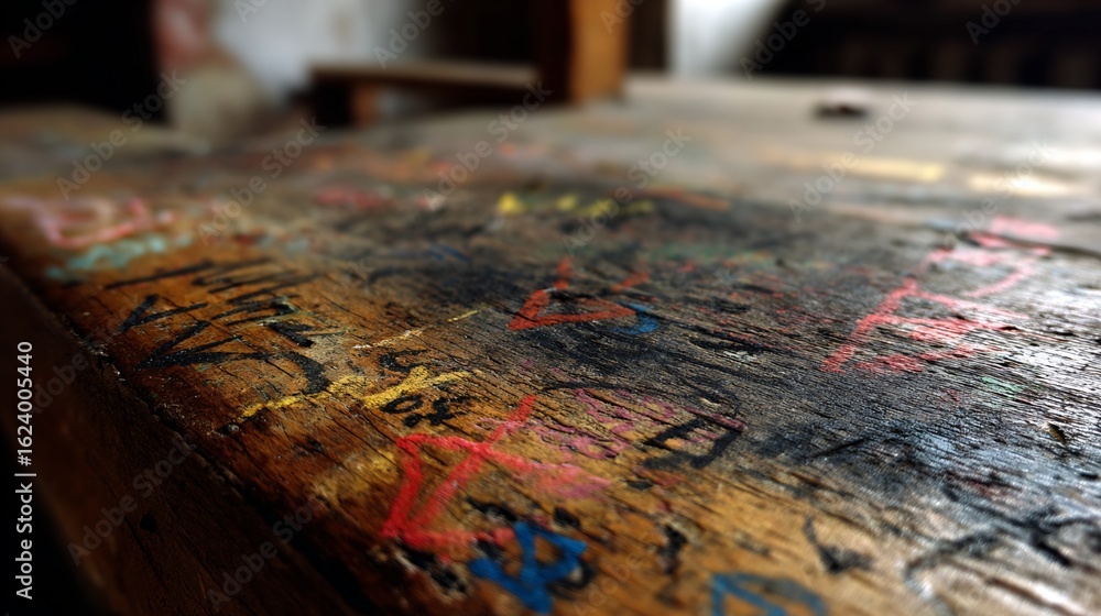 Naklejka premium Weathered Wooden Surface with Multicolored Markings