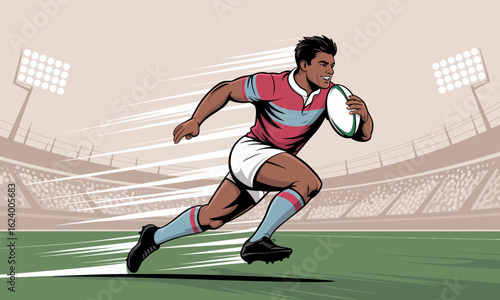 An excited rugby player is depicted in motion, running with confidence and zeal, embodying the spirit of sport and the thrill of competition against an energetic backdrop.