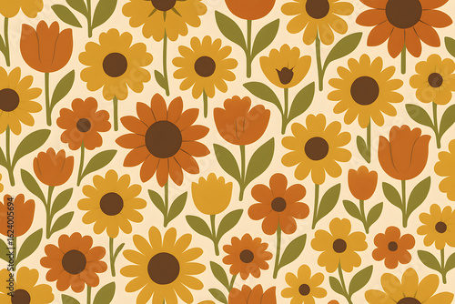 Vintage Floral Pattern with Colorful Tulips and Sunflowers - Botanical Illustration for Home Textile and Wall Art in Retro Style Summer Garden Decor