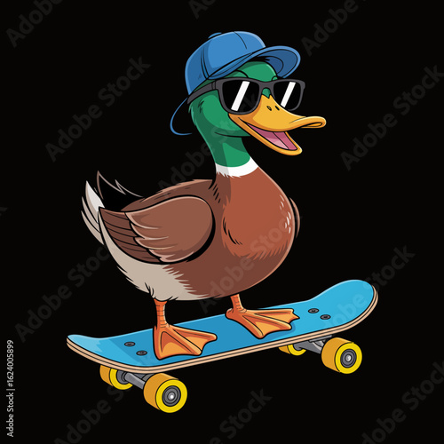 Portraying a happy duck on a skateboard, this lively character features sunglasses and a cap, perfectly capturing the essence of youth and carefree spirit in cartoon form.