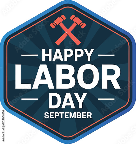 Hexagonal Labor Day Badge with Crossed Hammers holiday