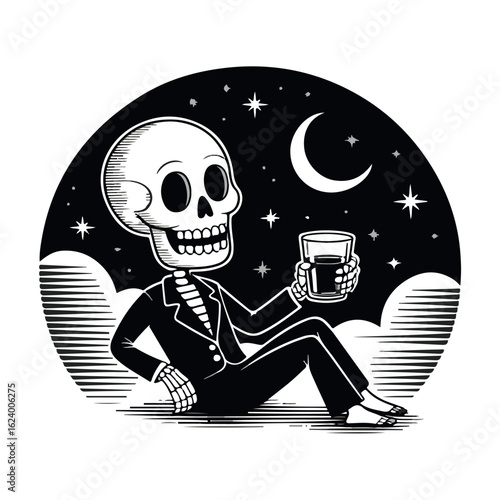 A dapper skeleton enjoys a nightcap under a crescent moon, amidst clouds and stars.