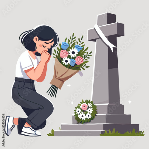 Woman Kneeling Grieving Loss at Grave with Bouquet and Wreath
