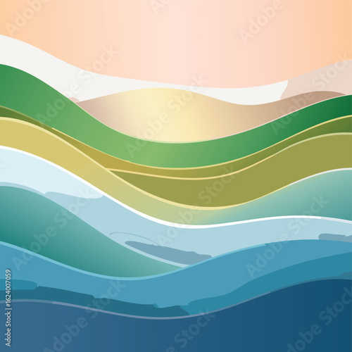 Paper-Cut Layered Hills or Waves in Flat Colors – Smooth Edges with Minimal Abstract Depth and Soft Gradients for Modern Background Design