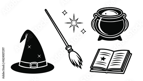Black and white illustrated witchcraft elements including cauldron witch hat broom spell book and magic stars