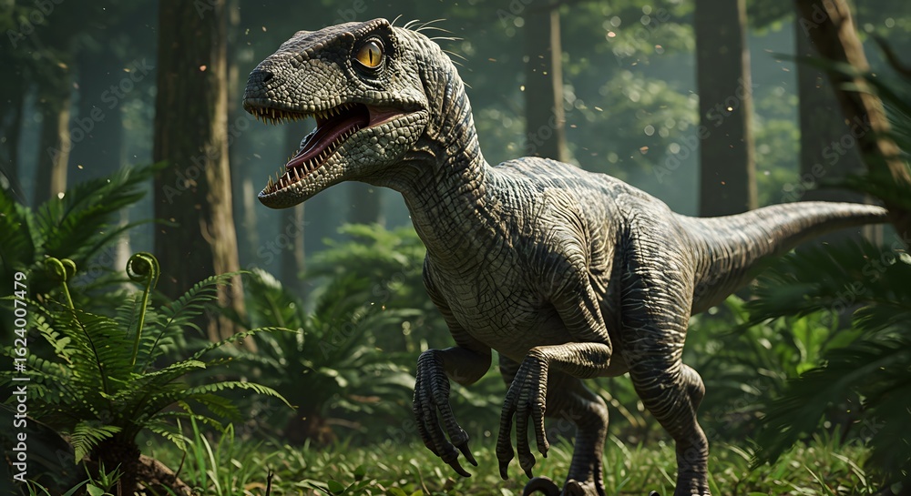 Obraz premium A velociraptor in a lush forest environment with ferns and tall trees during the daytime hours