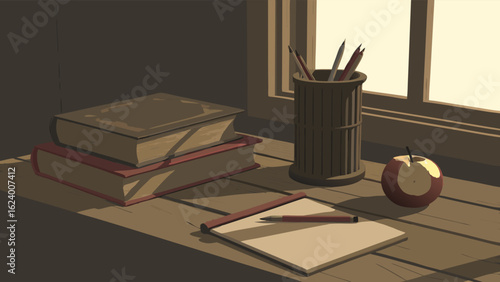 Quiet Contemplation: Still Life of Vintage Books, Pencils, and a Partially Eaten Apple on a Sunny Windowsill, Bathed in Warm Light