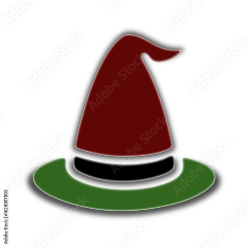 Dark red and green Halloween witch hat isolated on white background. Flat vector icon illustration for spooky holiday decoration and magical costume themes.