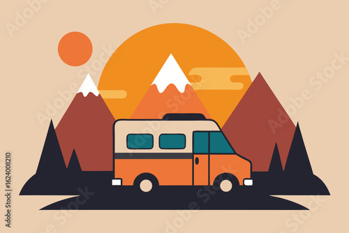camper van parked in front of sunset lit mountains.eps