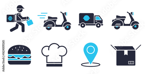 Food delivery vector icons set with meal box scooter restaurant takeout and courier symbols