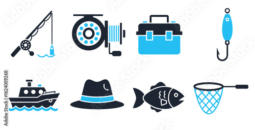 Fishing hobby vector icons pack with rod reel boat fish water and outdoor activity symbols