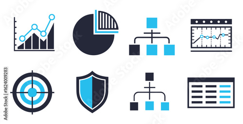 Graph and diagram vector icons set with chart pie bar line growth and data visualization symbols