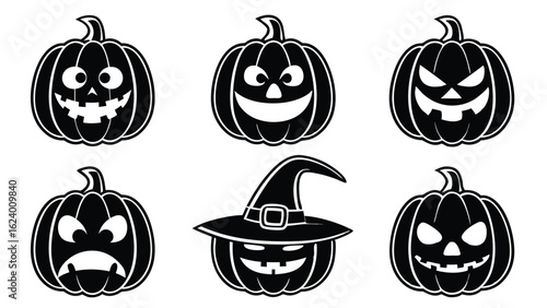 Collection of halloween jack o lanterns in black and white with various funny and scary faces