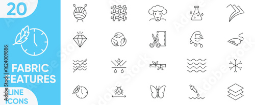 Fabric Features line icon vector and illustrator set.Editable stroke.UV protection, material attributes, performance capabilities for Fashion, apparel, textile industry and more.