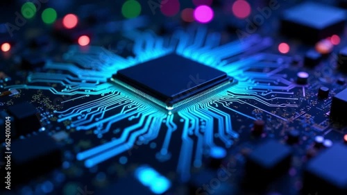 Glowing microchip on electronic circuit board representing advanced digital technology and artificial intelligence

