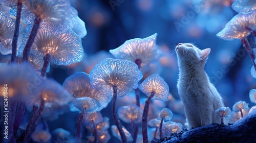 A silver cat stands among fluorescent mushrooms in a moonlit forest, creating a surreal image. This is a popular digital art piece perfect for a book cover or game scene. International Cat Day