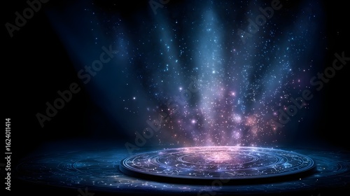 Futuristic glowing podium with cosmic nebula background and stars
