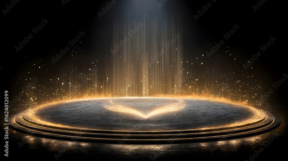 Obraz premium Circular golden podium with magical light beams and sparkles dark s...