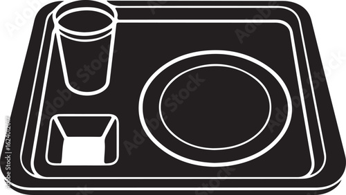 Black and white graphic of a cafeteria tray with cup and plate food tray meal tray
