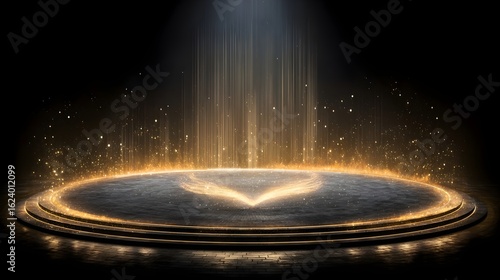 Circular golden podium with magical light beams and sparkles dark s...