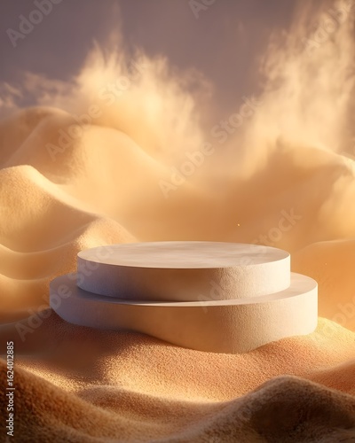White cylindrical podium on golden sand dunes with warm sunset ligh...