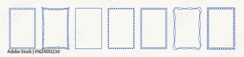 Doodle hand drawn frames set in stamp style. Minimalist line art. Vintage blue ornament borders for wedding, greeting cards, menu, prints, picnic invitations. Mediterranean sea coastal aesthetics. 