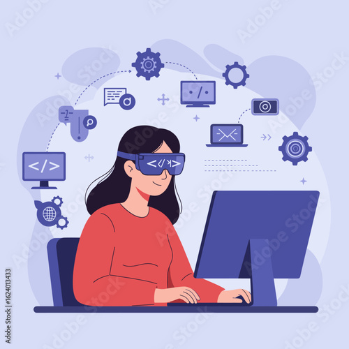 A woman wearing AR/VR goggles works on a computer surrounded by symbols of programming, AI, and digital development, showcasing immersive coding and futuristic technology in development.