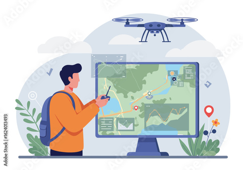 A man with a backpack uses a remote controller and a large monitor to navigate a drone over a mapped terrain