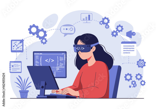 A woman wearing AR/VR goggles works on a computer surrounded by symbols of programming, AI, and digital development, showcasing immersive coding and futuristic technology in development.