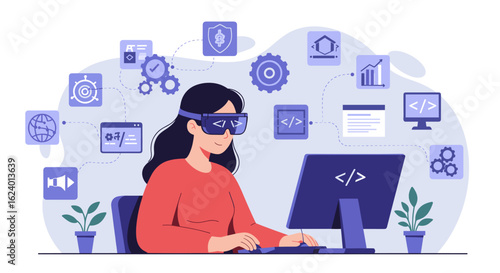 A woman wearing AR/VR goggles works on a computer surrounded by symbols of programming, AI, and digital development, showcasing immersive coding and futuristic technology in development.