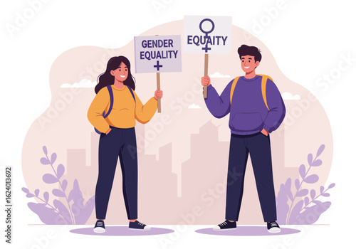 Two individuals hold signs advocating for gender equality, promoting the message of equal rights and representation across all genders.