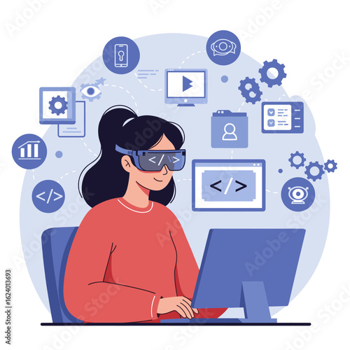 A woman wearing AR/VR goggles works on a computer surrounded by symbols of programming, AI, and digital development, showcasing immersive coding and futuristic technology in development.