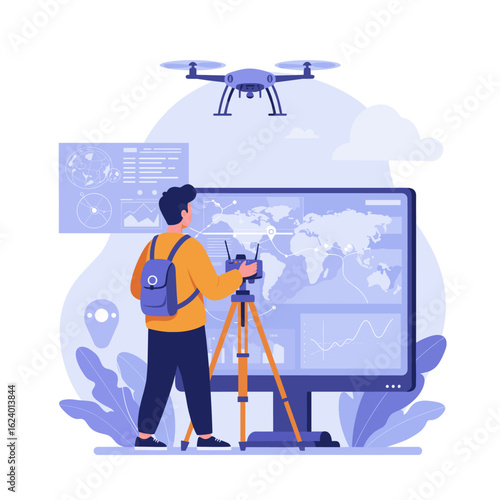 A man using a controller to fly a drone while observing a large map on a stand.