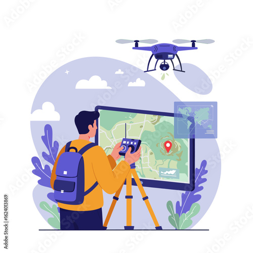 A man using a controller to fly a drone while observing a large map on a stand.