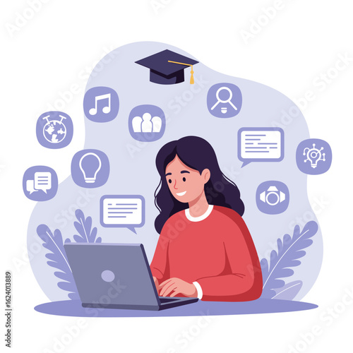 A young graduate student studying online with a laptop, surrounded by icons representing different subjects.
