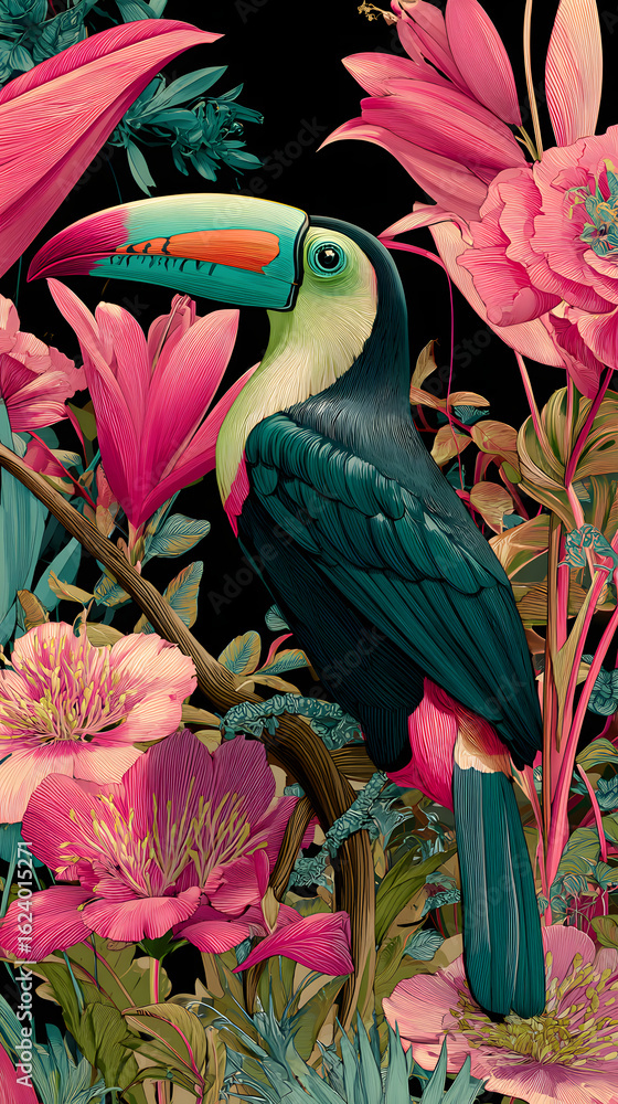 Fototapeta premium A toucan in a pink and green tropical jungle, surrounded by vibrant pink flowers and bright pink and green tropical plants, against a black background