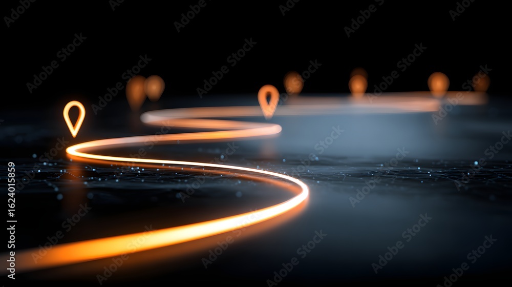 A glowing path with checkpoints, a concept for a business roadmap, customer journey, or project milestones
