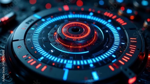 Futuristic digital interface with glowing blue and red circular elements representing high tech innovation
