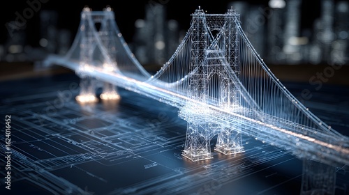Fototapeta Naklejka Na Ścianę i Meble -  A 3D wireframe hologram of a bridge projected from a blueprint, a concept for engineering, architectural design, and technology
