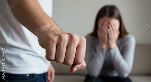 Domestic Violence Mans Fist Threatens Sobbing Woman at Home.