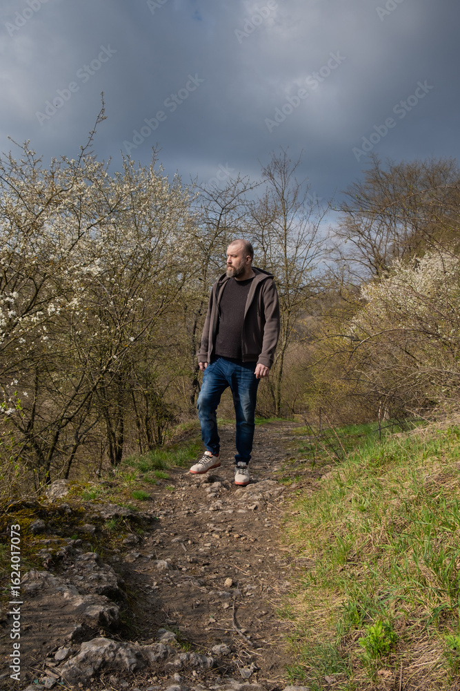 Fototapeta premium Man with beard walks on rocky path through forest