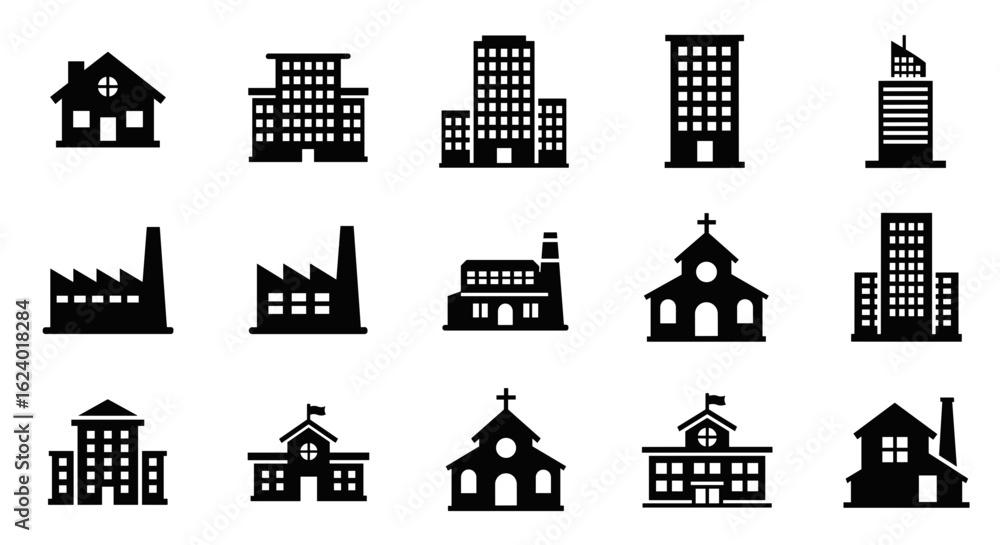 Obraz premium Vector icons of buildings architecture cityscape construction design elements urban landscape real estate city skyline on transparent background silhouette