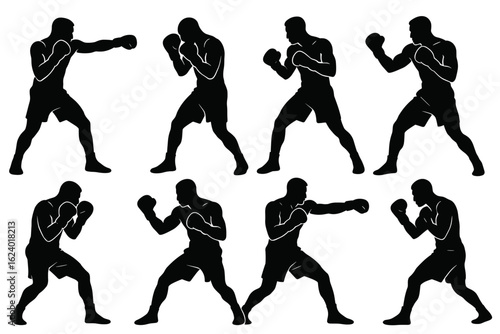 Boxing stances and fighter silhouettes for martial arts training and combat sports illustration vector graphic on transparent background