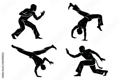 Capoeira martial arts training poses silhouette vector illustration for fitness and wellness design needs on transparent background